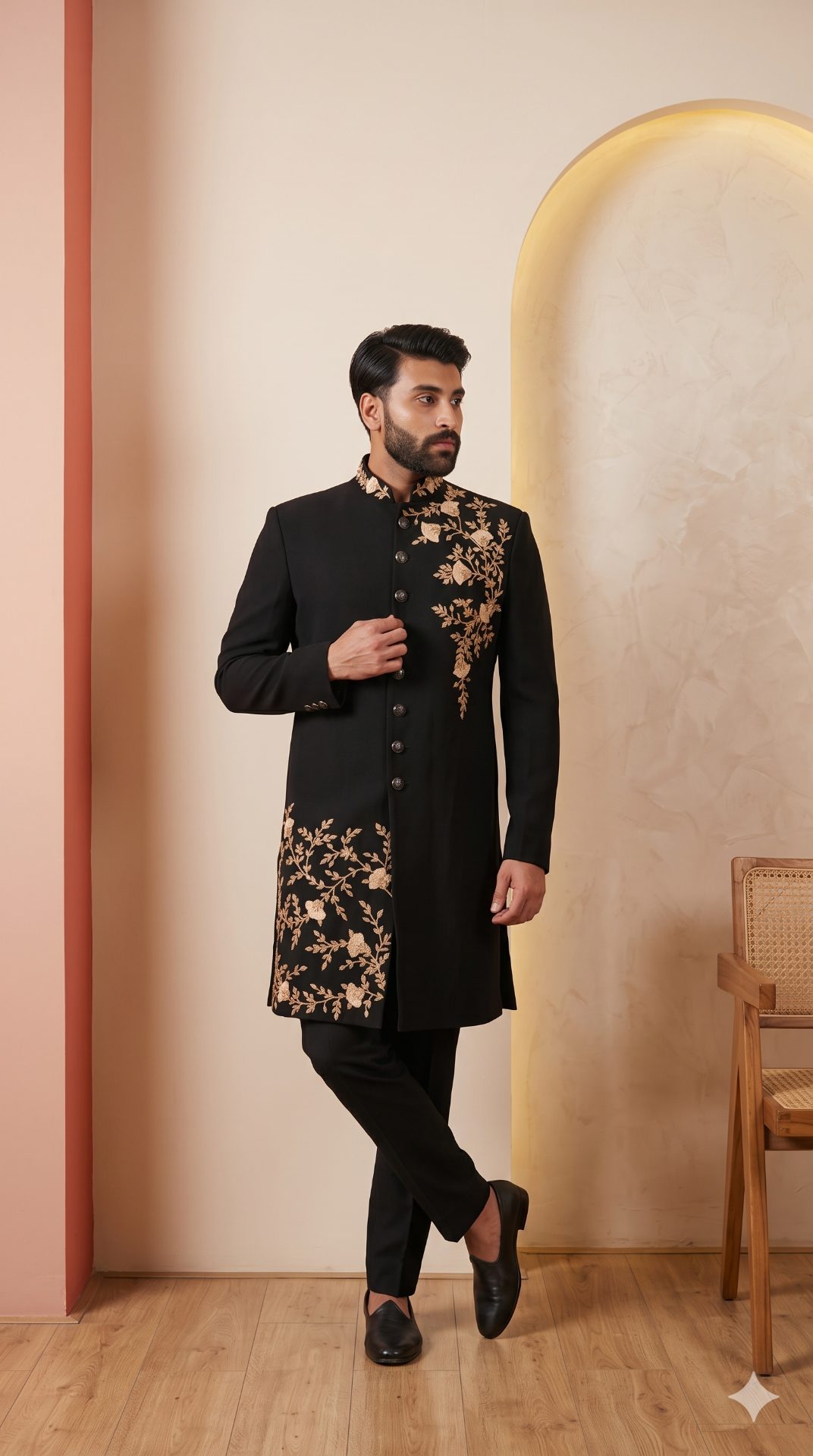 Achkan Zerdozi Black Golden Flower